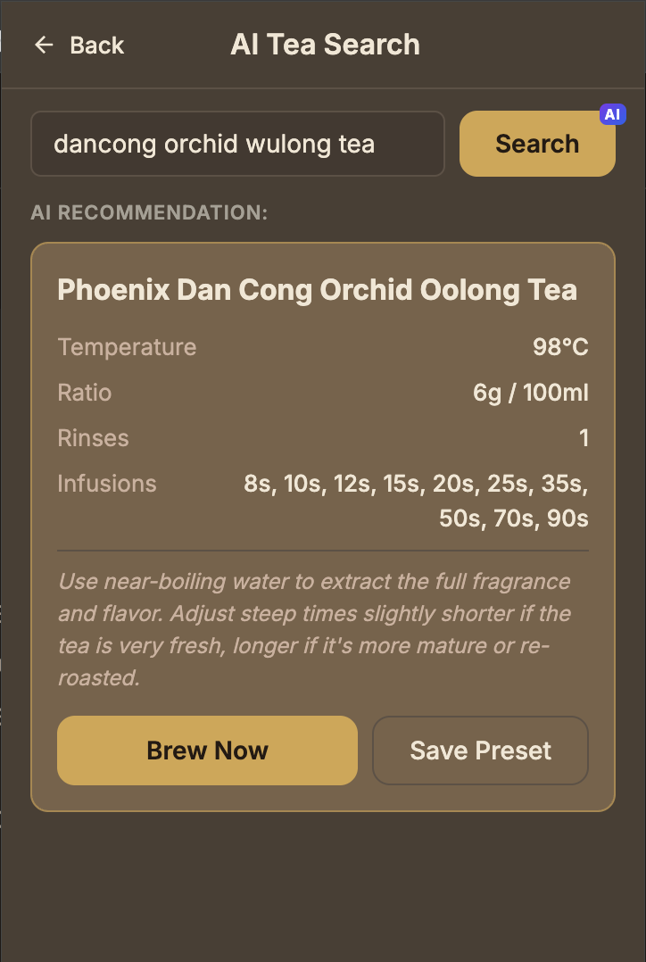 AI Tea Search feature — search for any tea and get AI-generated brewing recommendations with infusion times